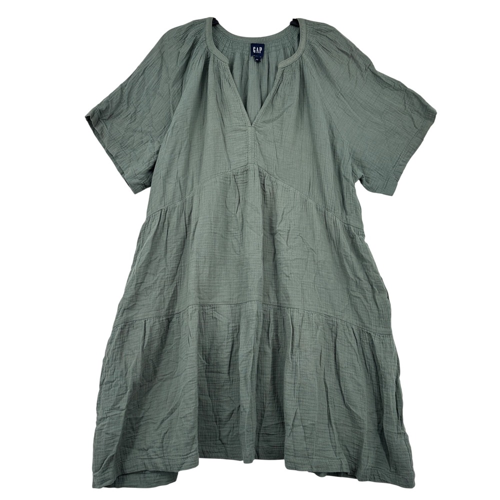 Gap Tiered Dress Double Gauze Womens XXL Green Short Sleeve Cotton Pockets